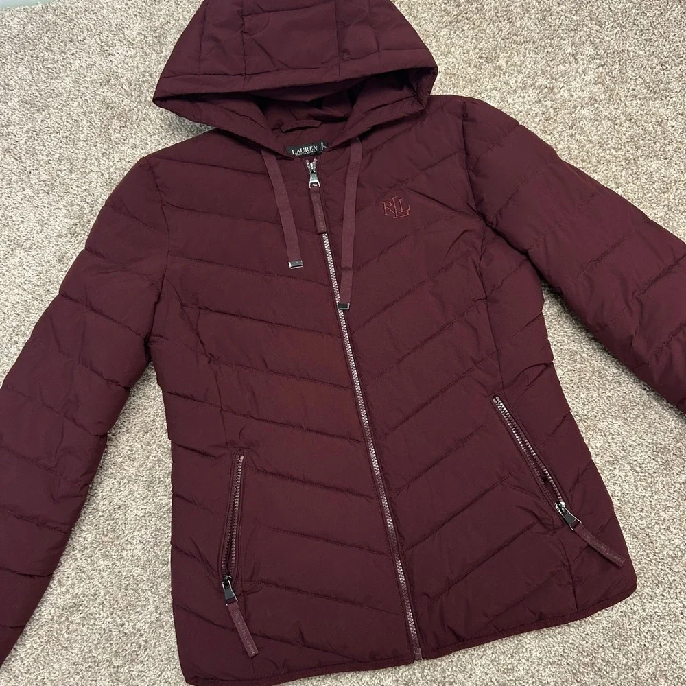 Lauren Ralph Lauren Women Medium Burgundy Quilted Puffer Jacket Hooded Full Zip